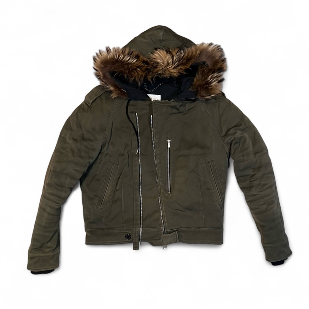 Sandro Paris Men’s Fur Trim Parka Jacket Small Green Cotton France